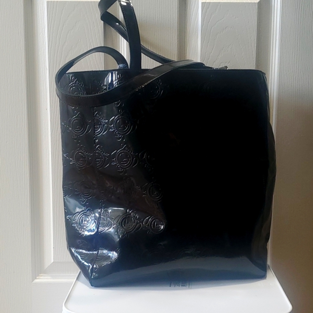 Galeries Lafayette large black leather tote with duster bag